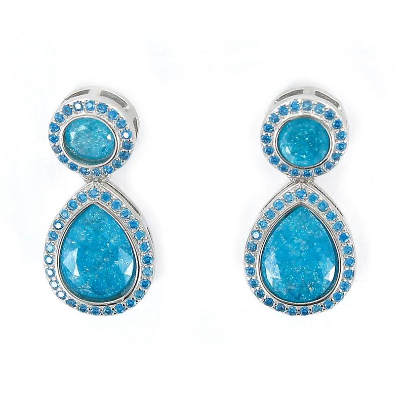 Rhodium Plated Silver Earrings with Blue Drop Shaped Stones